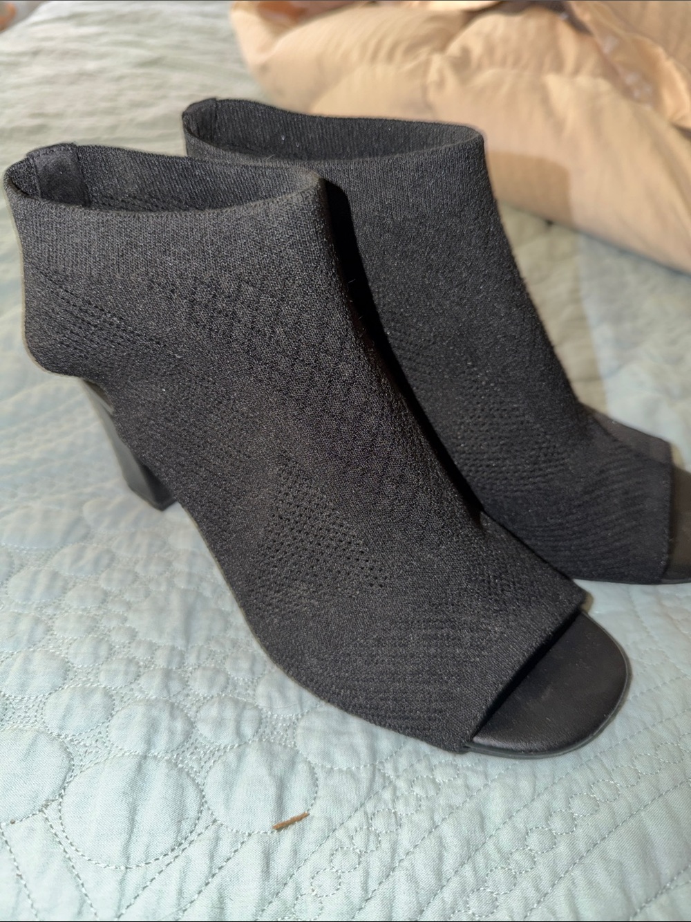 Impo Black Knit Peep-Toe Block Heel Ankle Boots